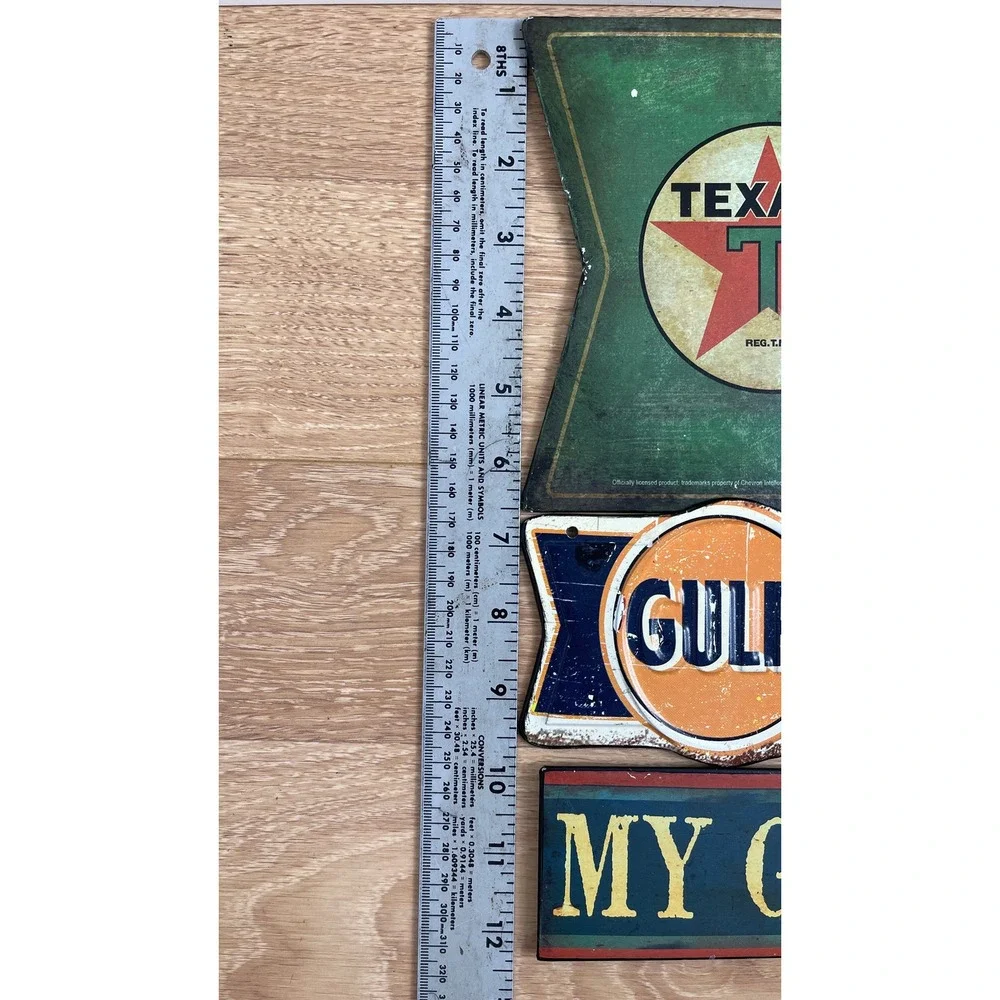 Texaco Gulf Gas Oil Metal Sign Set Garage My Rules 3pc Wall Decor